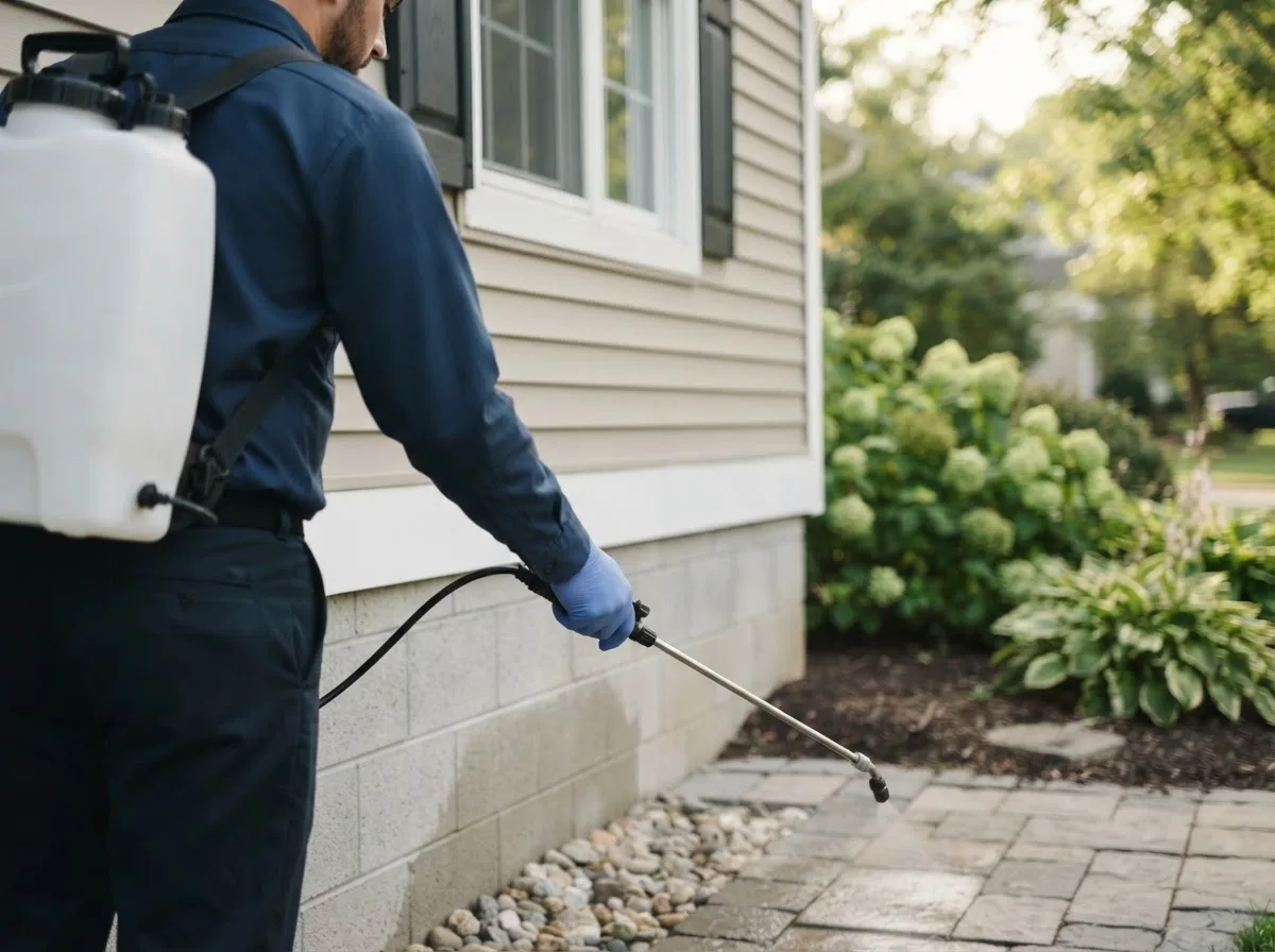 Pest control technician inspecting a home in Walkerville, MI